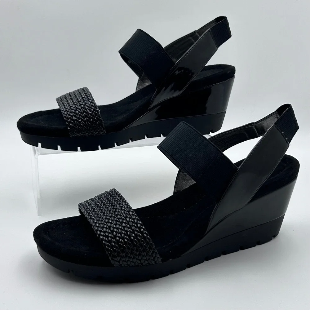 Bandolino Mateja Sandals Womens 9.5‎ Black Woven Patent Wedge Platform Lug Sole